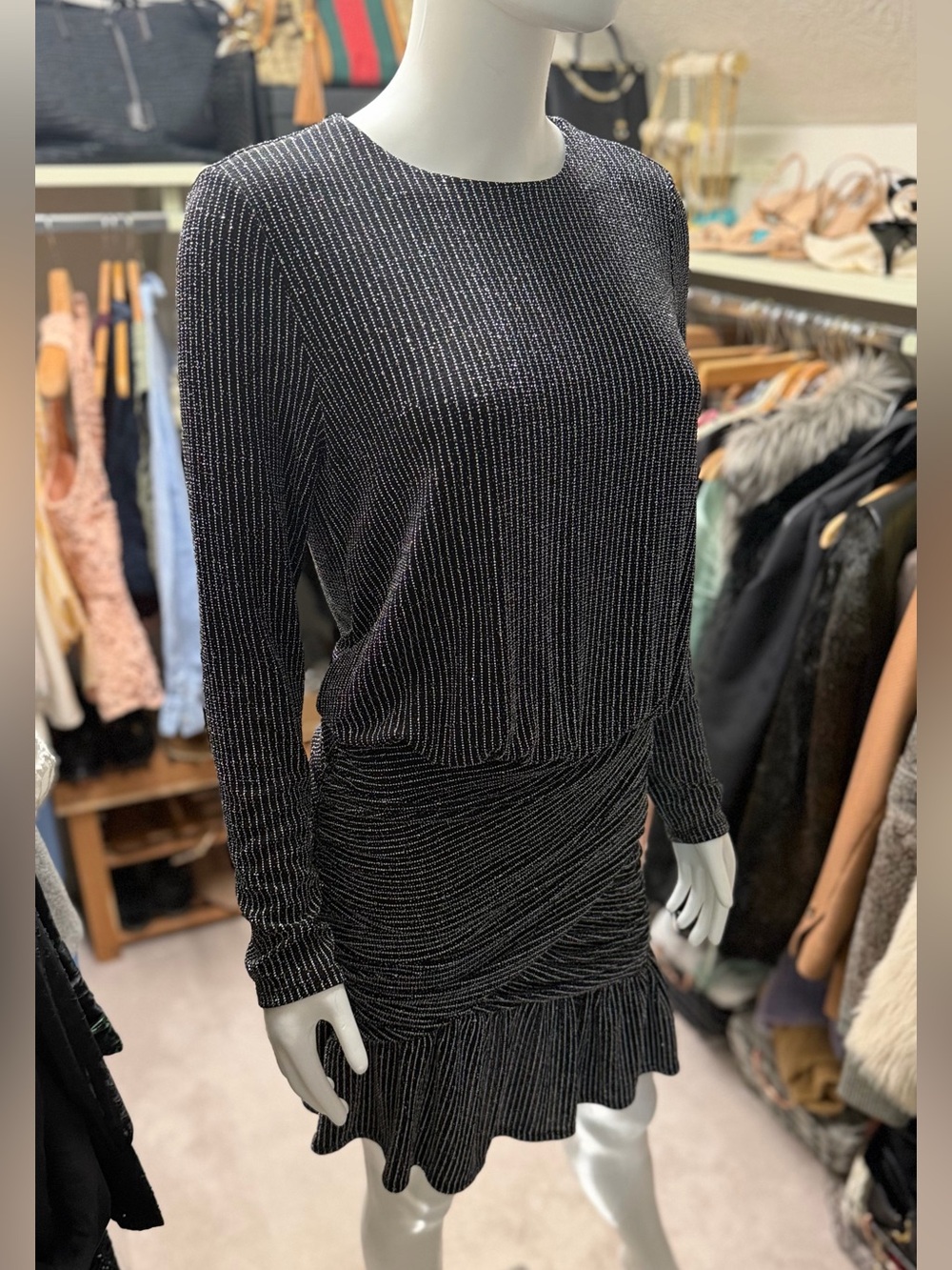 Krisa Metallic Shimmer Grey Long Sleeve Mini Dress